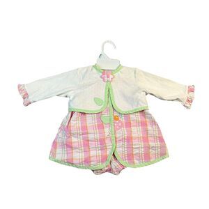 Mayfair Kids Vintage Pink Green Plaid Spring 3PC Outfit Bloomers Baby 3-6M